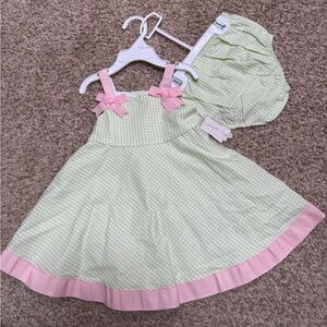 Specialty Baby Green/White Dress with Pink Accents with Matching Bloomers